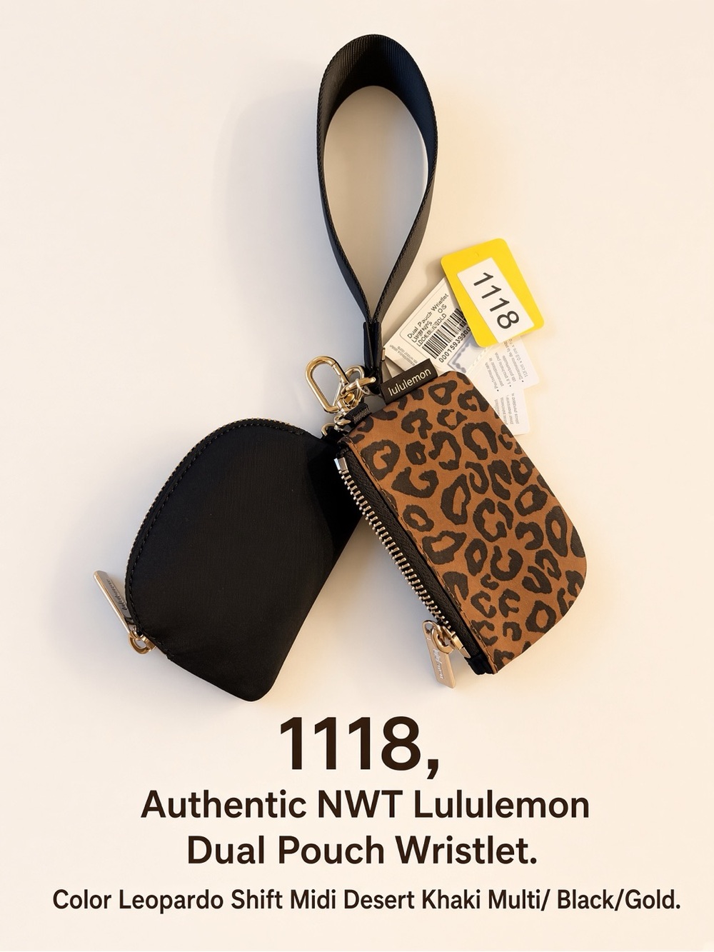 1118,Authentic NWT Lululemon Dual Pouch Wristlet Leopard/Black w/Gold Hardware.